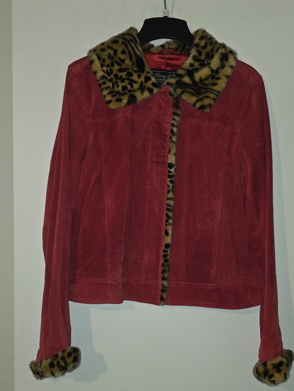 Terry Lewis Classic Luxuries Red Suede Jacket with Leopard Faux-Fur Trim